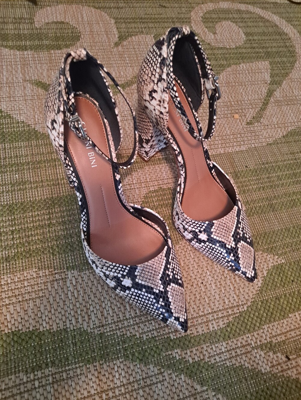 Gianni Bini Snake-Print Ankle-Strap Pointed Heels - Black & Cream